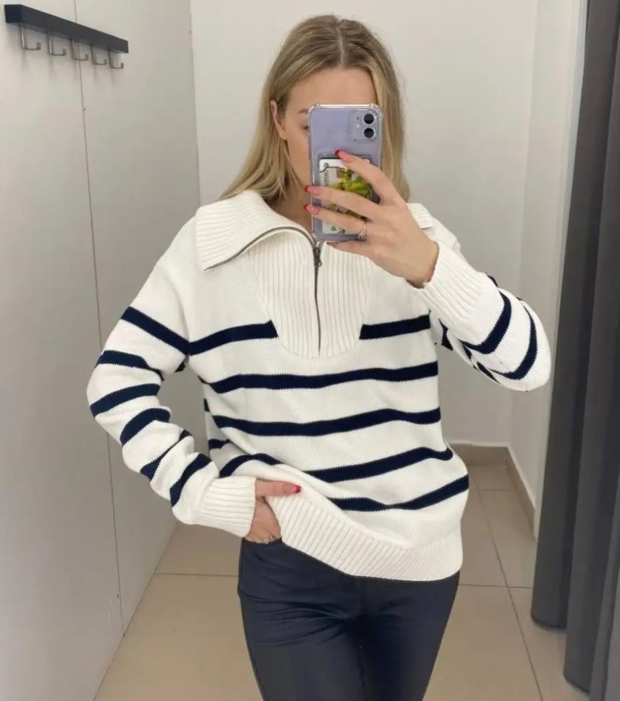 2024 neuer Damen-Herbst-Winter-College-Stil, außen und innen getragener gestreifter Strickpullover, Pullover mit halbem Reißverschluss_voghion.com