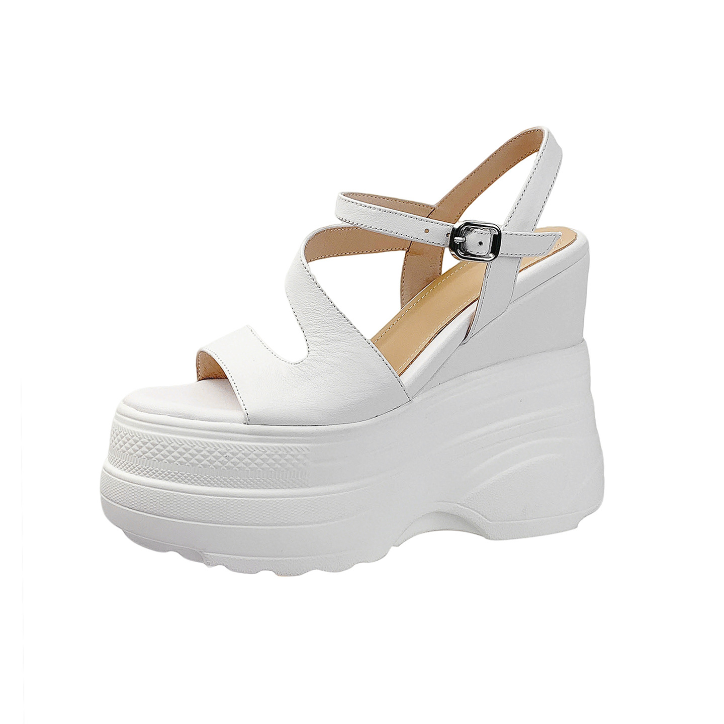 Sandal cao gót nữ hở mũi đế xuồng platform da bò thật, gót 12 cm, phong cách La Mã — màu đen, màu trắng, màu mơ