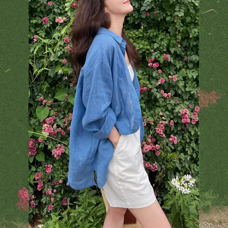French Relaxed Shirt Thin Ramie Loose Sun Protection Shirt Nice Blue Shirt Cotton and Linen for Women