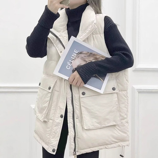 Vertical collar solid color thick warm cotton-padded jacket vest women's 2024 autumn and winter new all-match loose pocket cotton-padded jacket coat trendy