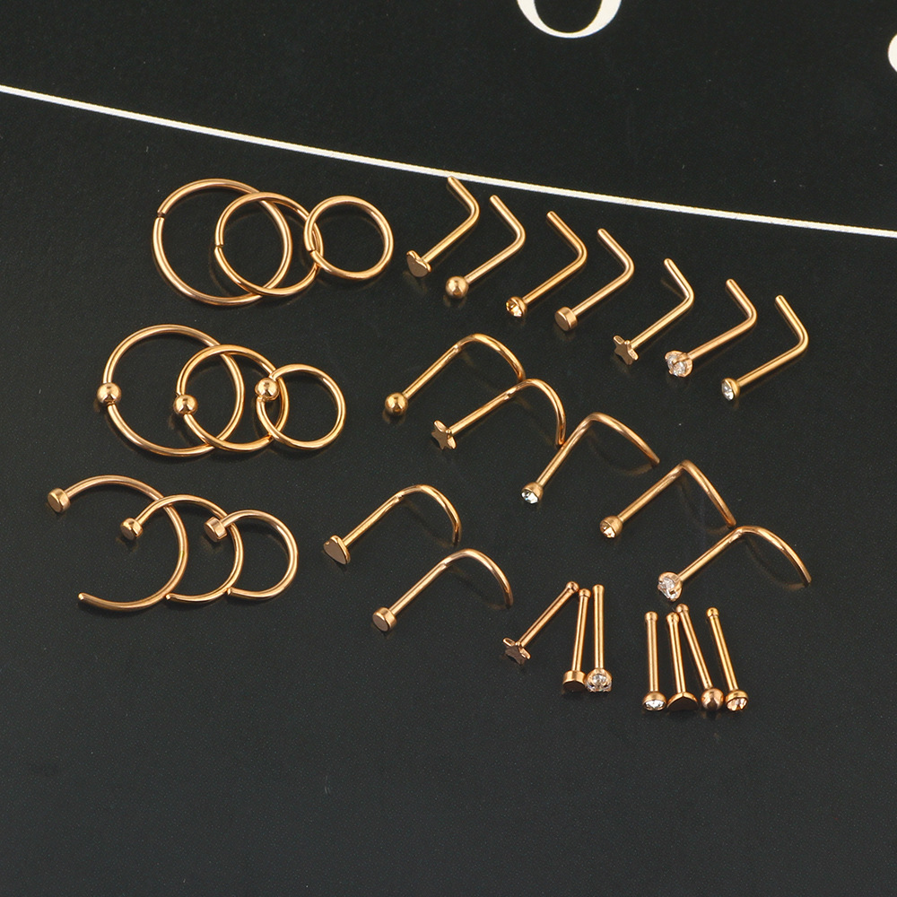 Rose Gold Nose Nail Ring Set 20G Stainless Steel CZ Piercing Jewelry - 30 Pcs detail image 11