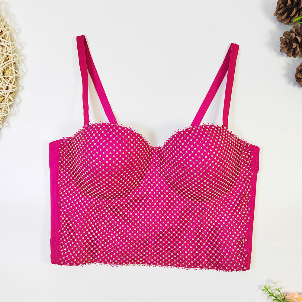 European and American cross-border fishing net rhinestone plaid camisole women's tank top, sweet and spicy top for inner and outer wear, fishbone bralette, no bra needed.