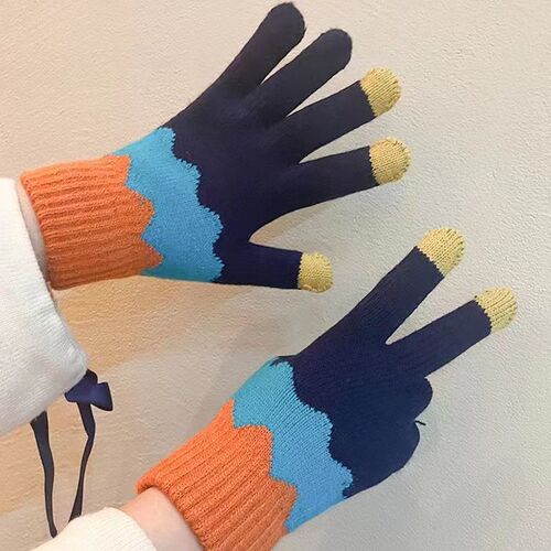 Contrast color warm student wool touch screen gloves winter Korean knitted cute cartoon color plus velvet cycling couple