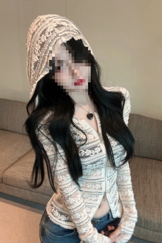 Three-Dimensional Stripesd Lace Crocheted Hooded Cardigan for Women Early Autumn New Style Fashionable Jacket Bell Sleeve Waist Top