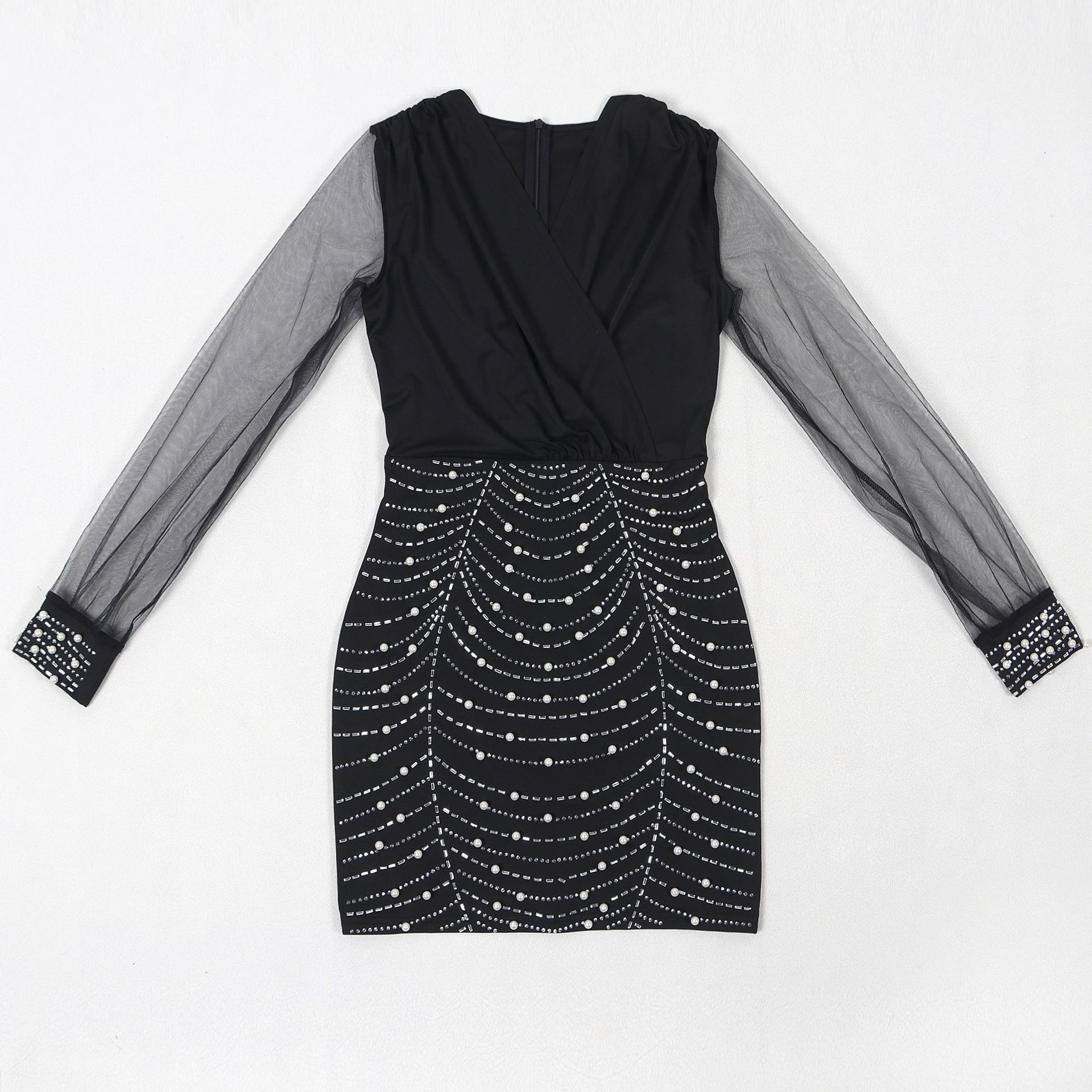 Sexy Drilling V neck Stitching See through Sleeve Hip Stretch Dress