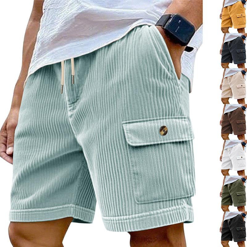 Amazon Summer New Corduroy Multi-Pocket Five-Point Shorts Men's Sports Lace-Up Casual Solid Color Cargo Shorts