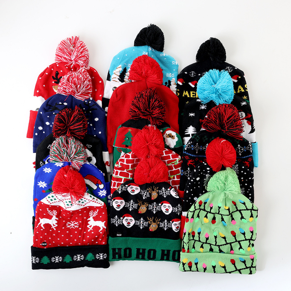 Sombrero de Navidad de invierno transfronterizo sombrero de soldado jacquard de punto de moda fiesta de Navidad cálido sombrero de luz LED al por mayor