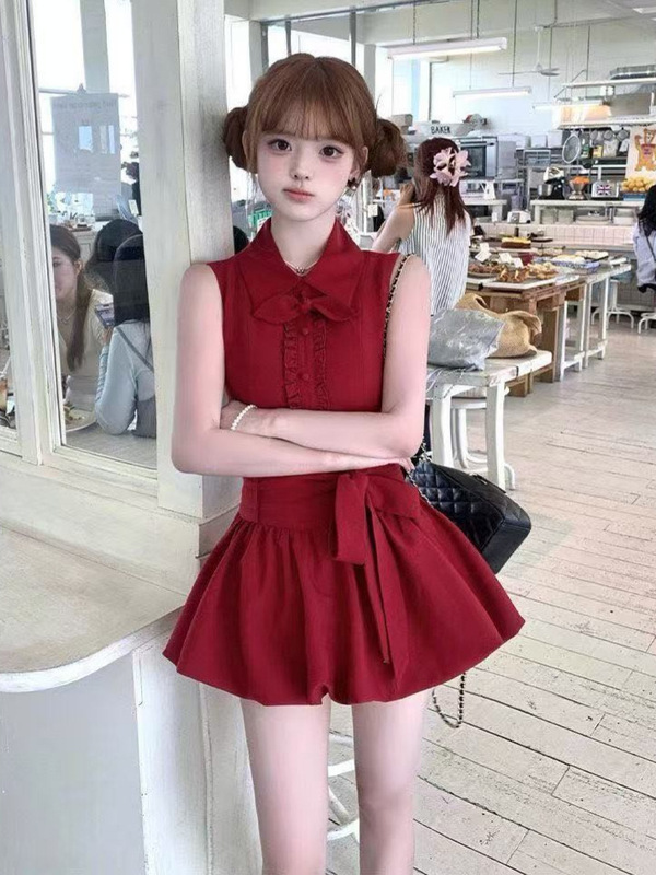 甘くて美しい、高級感のある赤いシャツのつぼみドレス、小柄な女性のウエスト痩身ショートスカート、夏|undefined