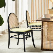 美式實木藤編椅子餐椅家用靠背椅餐廳極簡餐椅客廳卧室椅子辦公