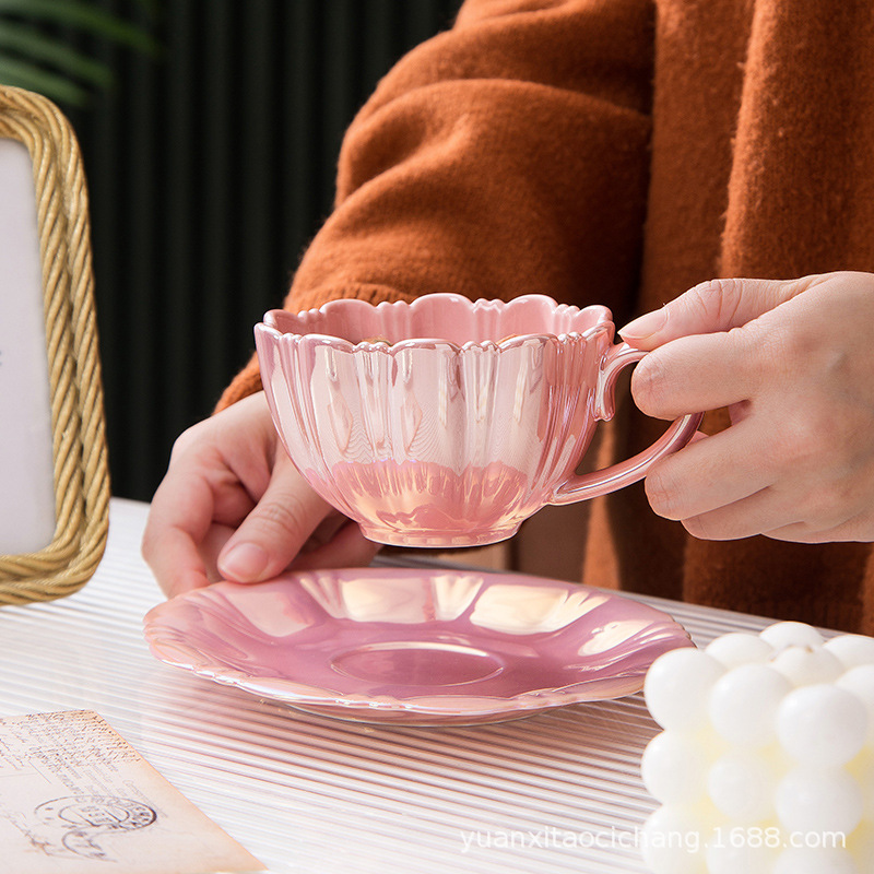 Ins Style Dream Flower Ceramic Mug High Color Value Petal Coffee Cup Saucer suit Office Couple Water Cup