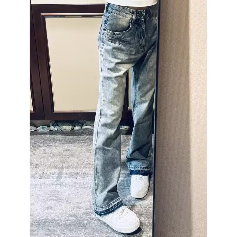 Teen Washed Denim Jeans American Style Summer Trendy Unisex High Street Loose Straight Leg Pants mid Waist Blue Long Non-Stretch_mkmklike.com