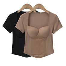 夏季新款欧美风女装坑条弹力包身网纱拼接短袖 带胸垫方领上衣