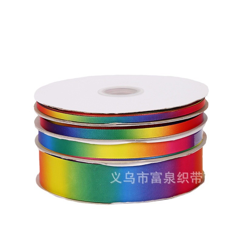 Venta al por mayor colorido Arco Iris gradiente poliéster transferencia caliente impresión cinta DIY cinta en stock caja de regalo tocado floral vendaje