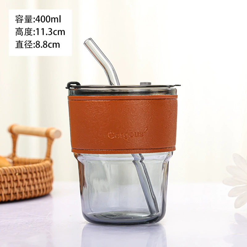 Стеклянный стакан 400 мл, кожаный чехол и варианты со трубочкой, несколько цветов, готов к подарку