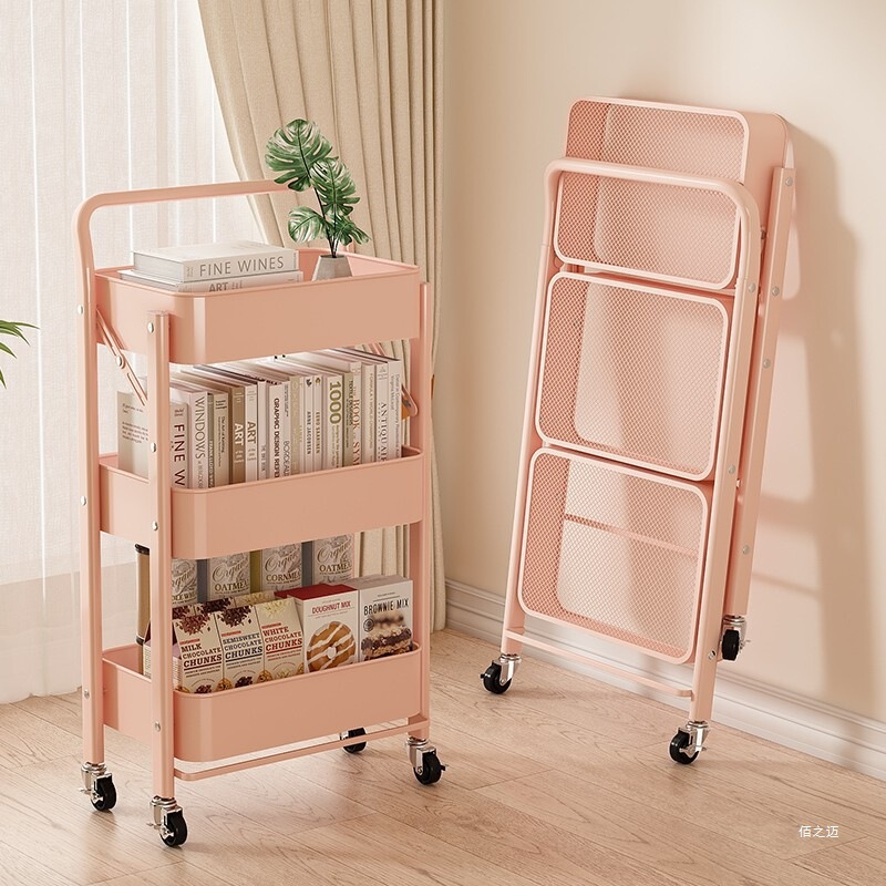Carbon Steel Solid Color Folding Trolley Installation-Free Kitchen Storage Rack Floor-Standing Bathroom Mobile Storage Rack
