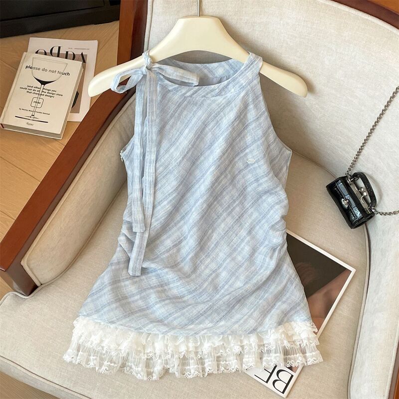 Blue Elegant Lace Patchwork Pleated Sleeveless Shirt for Women, New Summer Style, Super Flattering and Stylish Plaid Chiffon Top Blue Elegant Lace Patchwork Pleated Sleeveless Shirt for Women, New Summer Style, Super Flattering and Stylish Plaid Chiffon Top