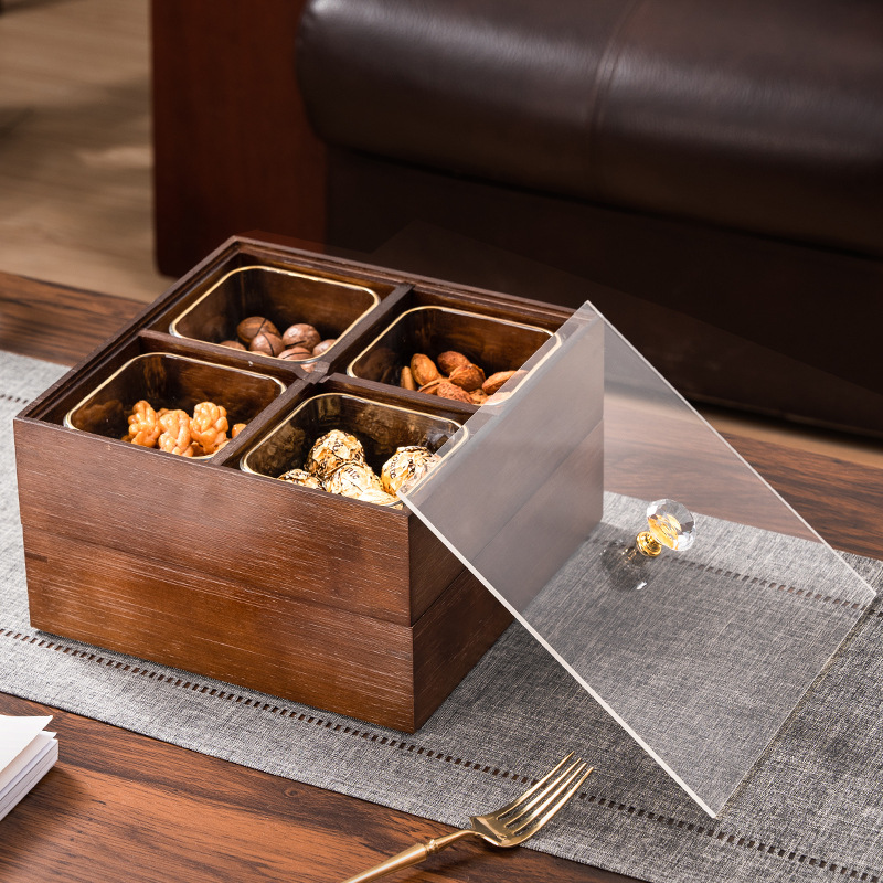 Nueva caja de frutas secas de madera china, caja de almacenamiento de bocadillos de nueces, bandeja de frutas dividida, bandeja de dulces doméstica de nueva casa