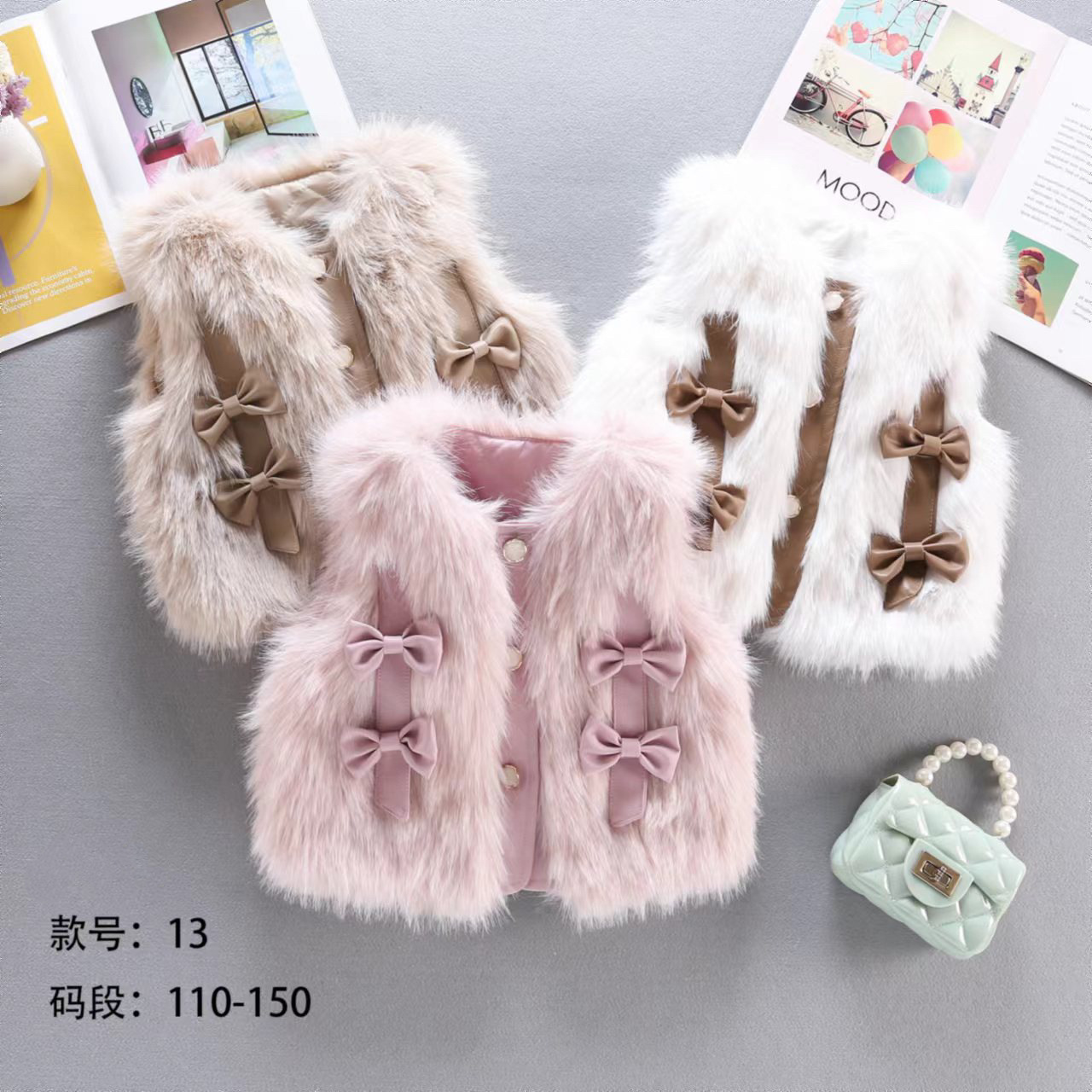 2024 otoño y invierno nueva niñas chaleco de piel arco diseño de oso elegante cuero de aire exterior