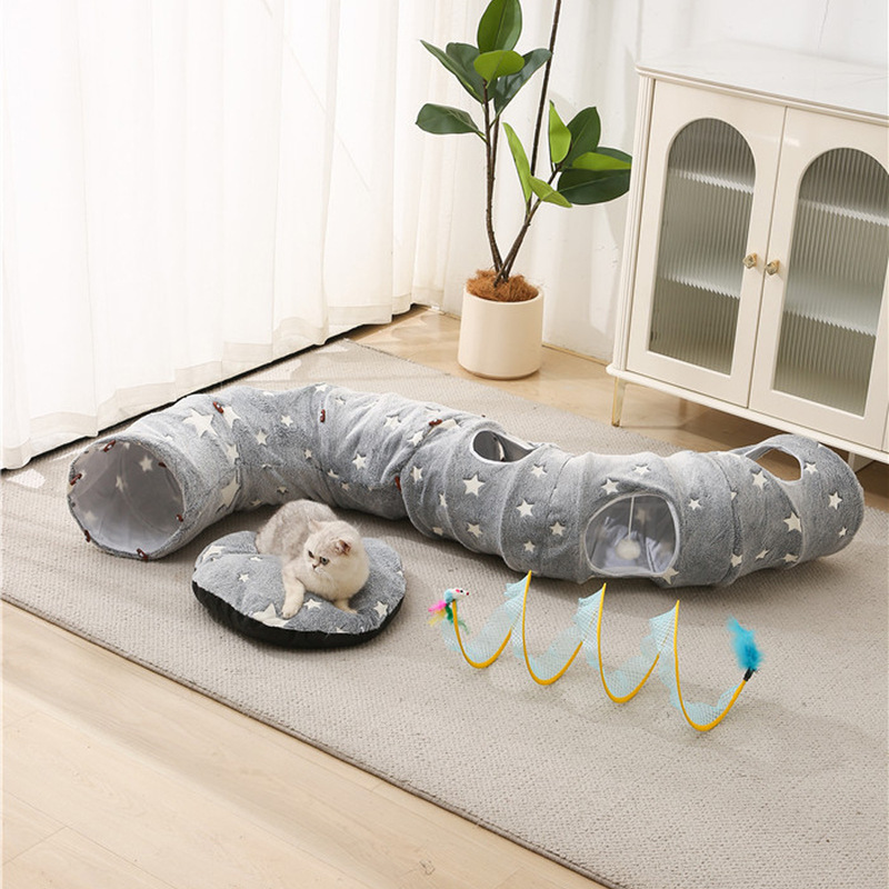 In-Stock Short Plush Cat Bed and Cat Tunnel Two-In-One Foldable Cat Bed and Cat Passage Suitable for All Seasons Donut Tunnel