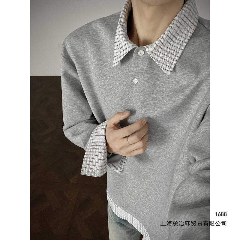 Fake two-piece plaid patchwork Polo collar sweatshirt for men, autumn and winter cleanfit American pullover design outerwear