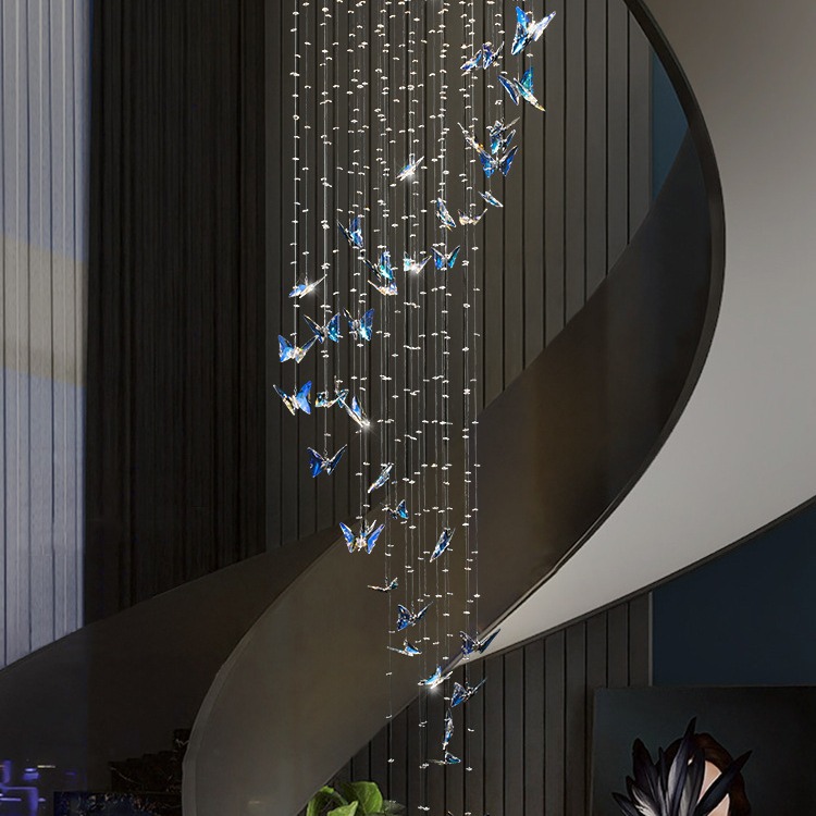 Luz azul dúplex simple luz de la escalera Moderna villa giratoria bien gire la luz mariposa salón escalera de cristal araña de color