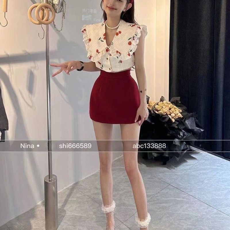 韩系甜美别致樱桃印花娃娃领衬衫上衣女夏高腰显瘦半身裙两件套装|undefined