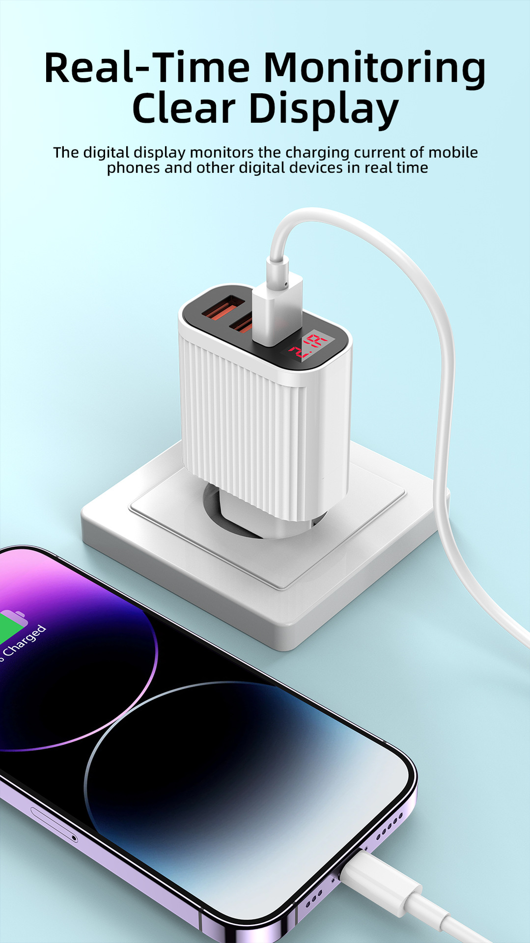 3USB Digital Phone Charger Multi port Display European American Standard Fast Charging Head Suitable for Apple and_voghion.com