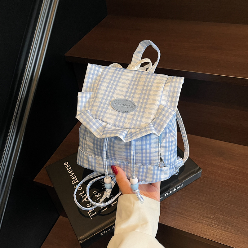 2025 nueva dulce y linda mochila de encaje a cuadros mochila de hoja de loto esponjosa mochila de chicas corazón mini mochila