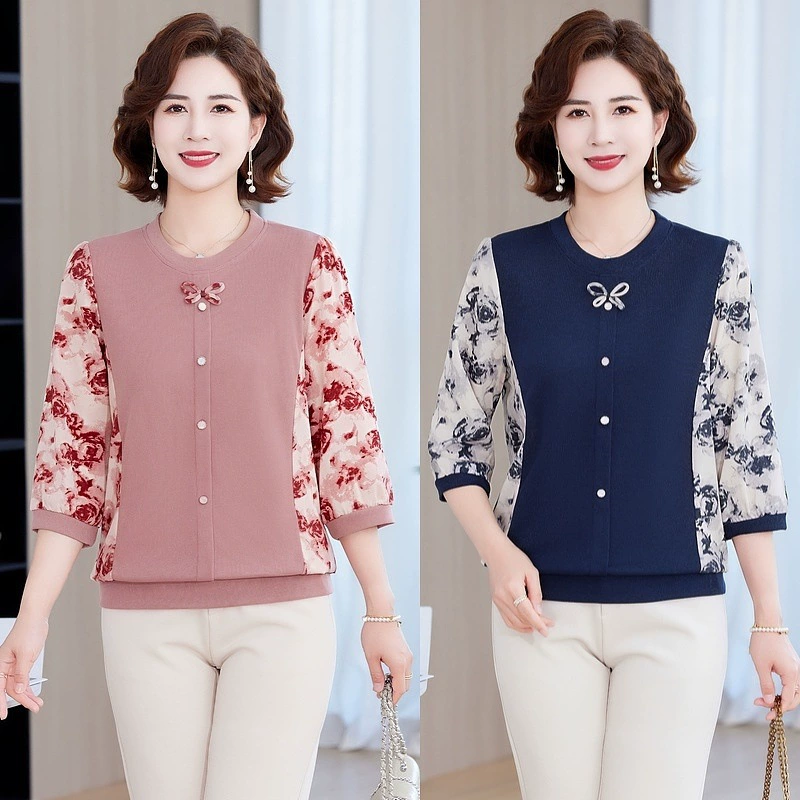 2025 Весенне-осенний модный вязаный свитер для мам, уменьшающий возраст, весенне-осенний новый осенний стильный топ для женщин среднего и пожилого возраста с круглым вырезом