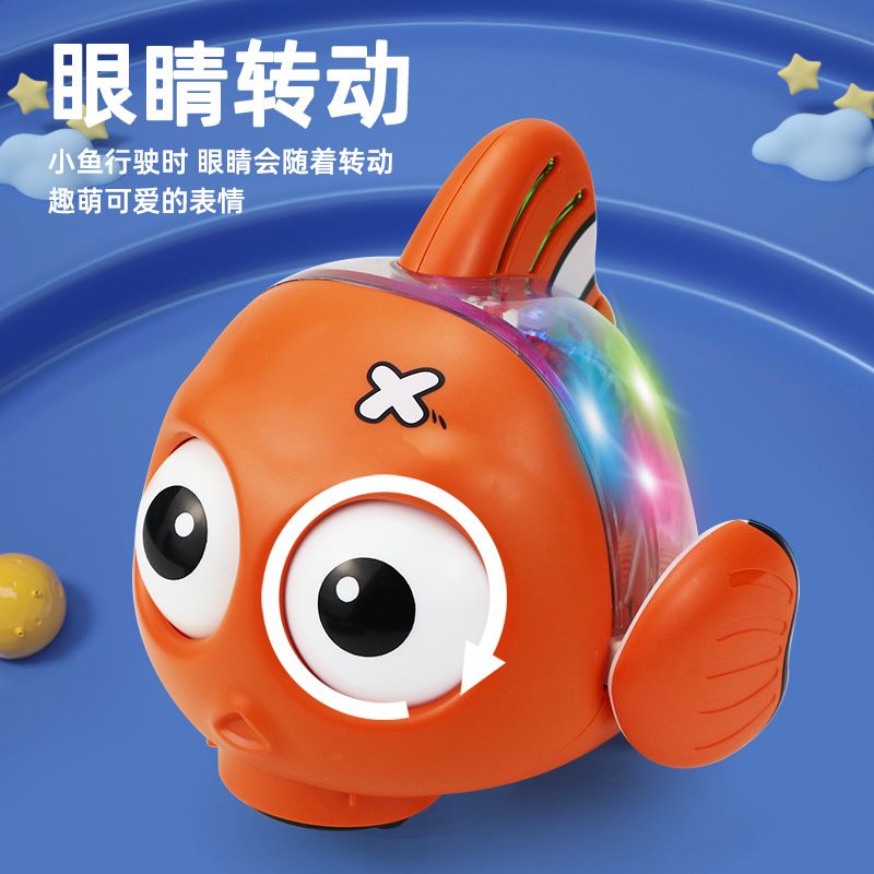 Nuevo estilo transfronterizo eléctrico universal transparente pez luz música ojos girando pez oscilante juguetes eléctricos para niños al por mayor