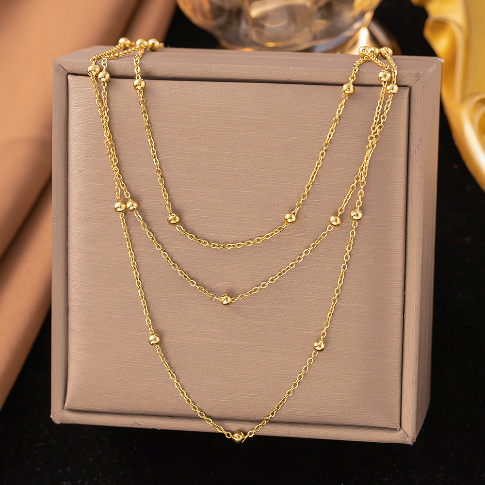 14【h178】three-layer bead chain necklace gold