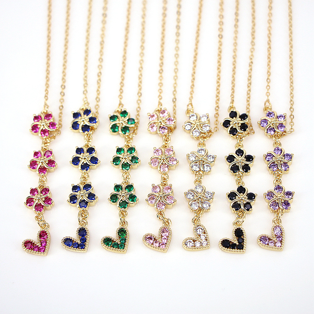 fashion flower peach heart copper inlaid color zircon pendant necklace