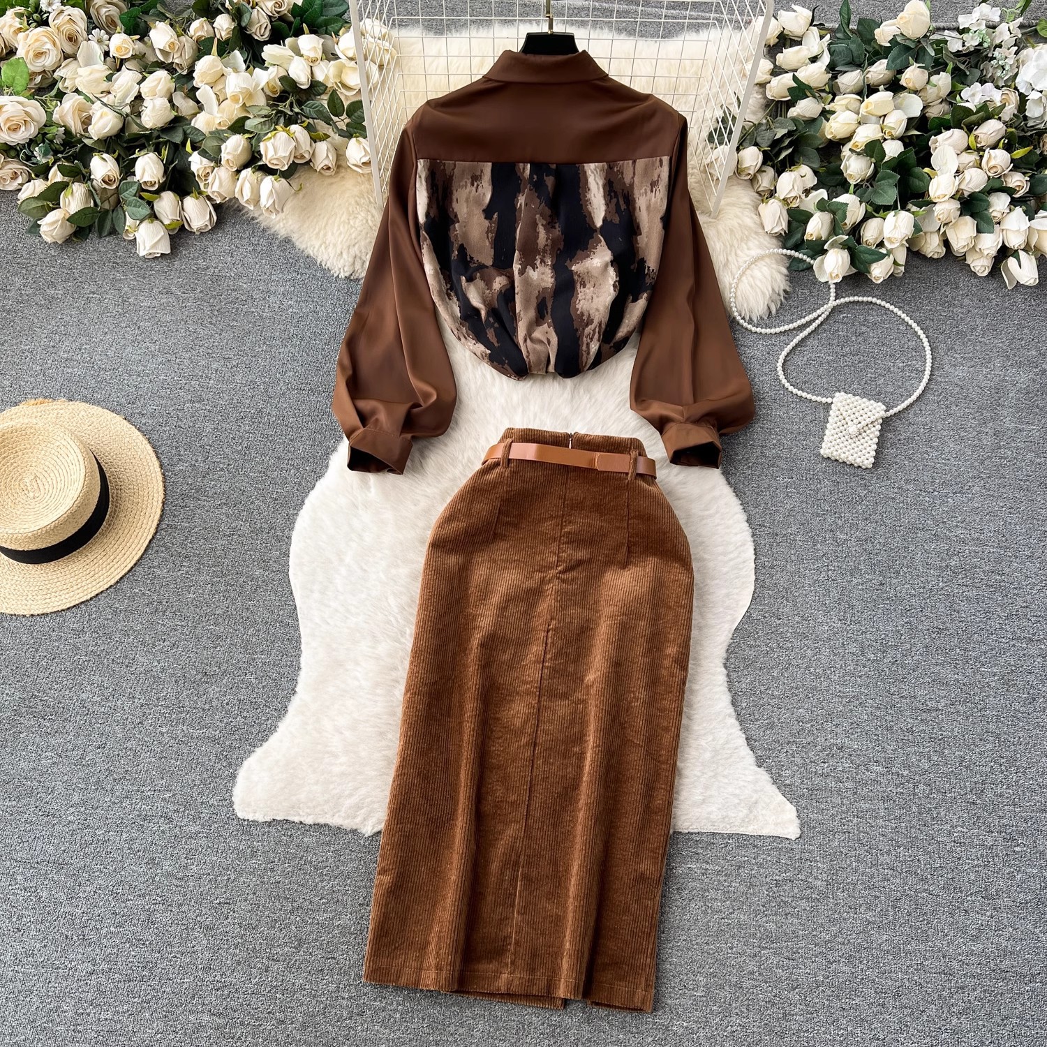 Abbigliamento da donna Autunno e inverno leggero lusso retrò stile semplice tie dye patchwork camicia top + gonna a vita alta sottile due pezzi vestito per le donne_voghion.com