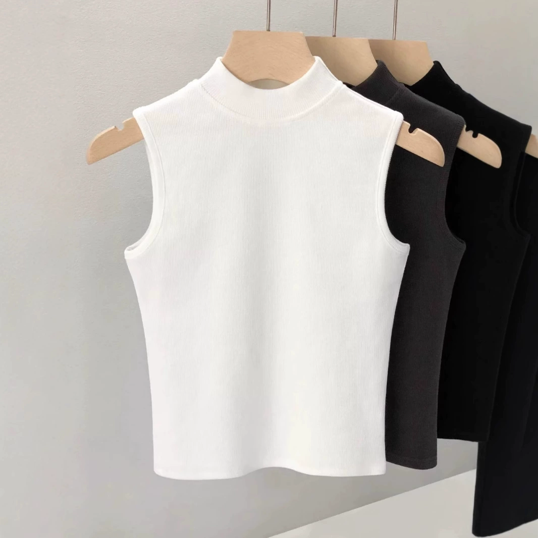 Осенний топ без рукавов, удобный для тела T-shirt, высокий воротник, размер плюс, slim fit