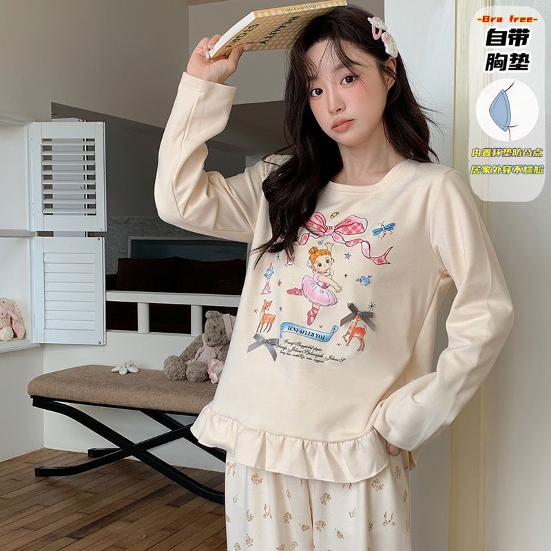 直播睡衣女秋冬新款保暖长袖羊绒蚕丝韩系甜美花边卡通家居服套装|undefined