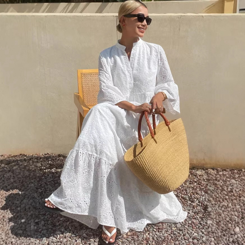 2026 Cross-Border Amazon European and American Women's Clothing Beach Vacation Lace Long Dress White Hollow-Out Dress