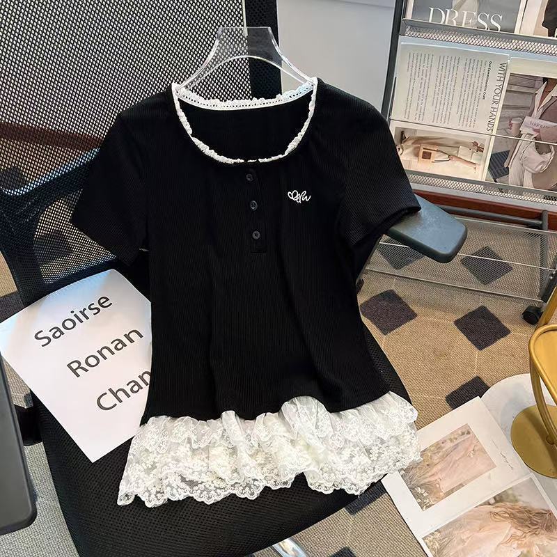 Ballet Style Lace Splicing Short-Sleeved T-Shirt for Women in Summer, Slim Fit, Unique and Super Nice Chic Top