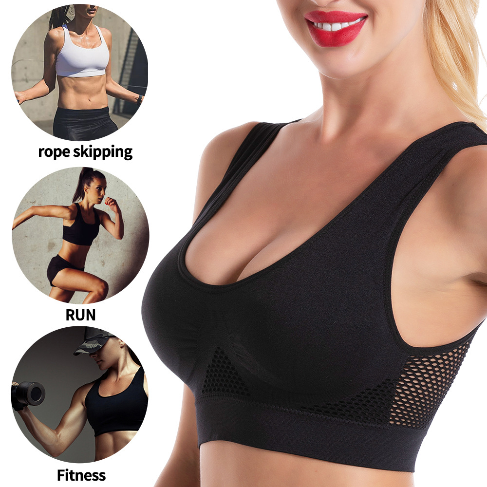 Sujetador deportivo sin costuras para mujer con relleno, transpirable, de alta elasticidad, top de yoga de malla sin aros, ropa deportiva de color sólido