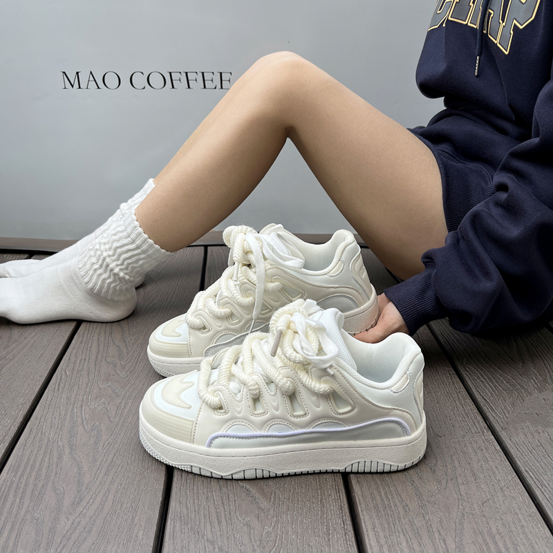 Cream-Colored Thick-Soled Loafers for Women, Korean Style, Versatile Student Sports Casual White Sneakers, 2026 Spring New Model