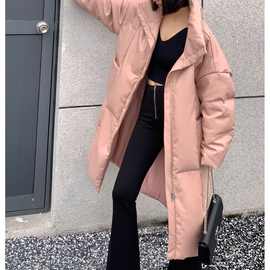 长款棉衣年冬季新款蛋白仿皮长款女粉色设计感口袋长外套