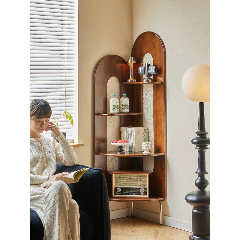 Retro-Style Solid Wood Corner Cabinet for Living Room Sofa Side, Triangular Screen Shelf, Bookshelf, Bedroom Wall Storage