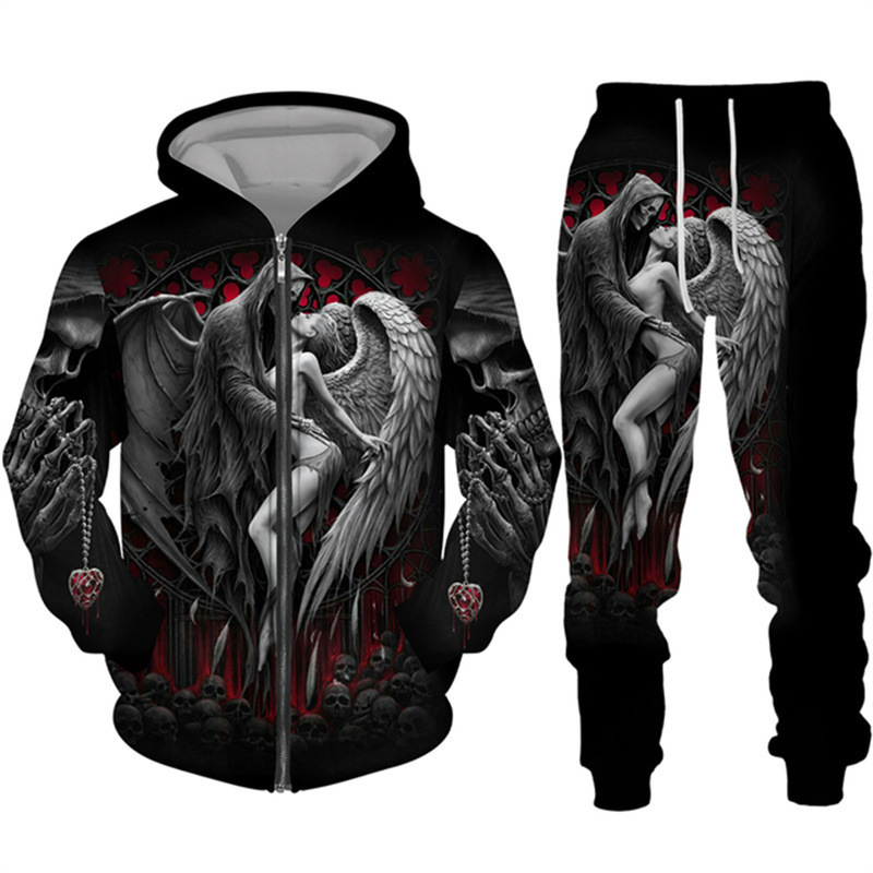 Comercio exterior transfronterizo impresión digital 3D chaqueta con capucha de calavera de terror de dos piezas para hombres europeos y americanos MF08-ML01