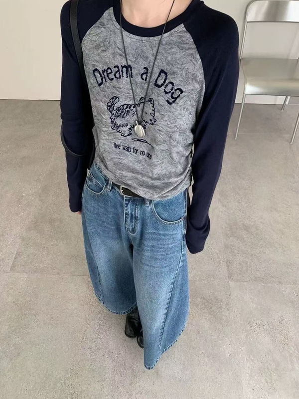 美式复古甜辣妹撞色插肩袖狗狗字母植绒晕染打底衫t恤女秋冬上衣|undefined