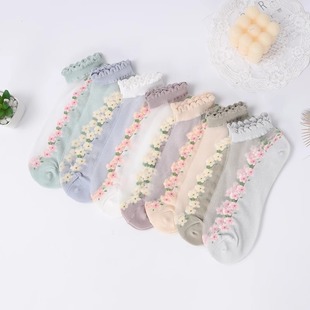Lace Floral Socks Children's Summer Ice Silk Stockings Summer Thin Short Socks Shallow Mouth Boat Socks Japanese Style Crystal Glass Silk Stockings