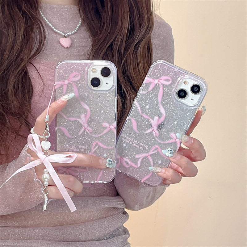 ins閃粉蝴蝶結適用蘋果14pro手機殼iPhone15promax吊墜蝴蝶結13女