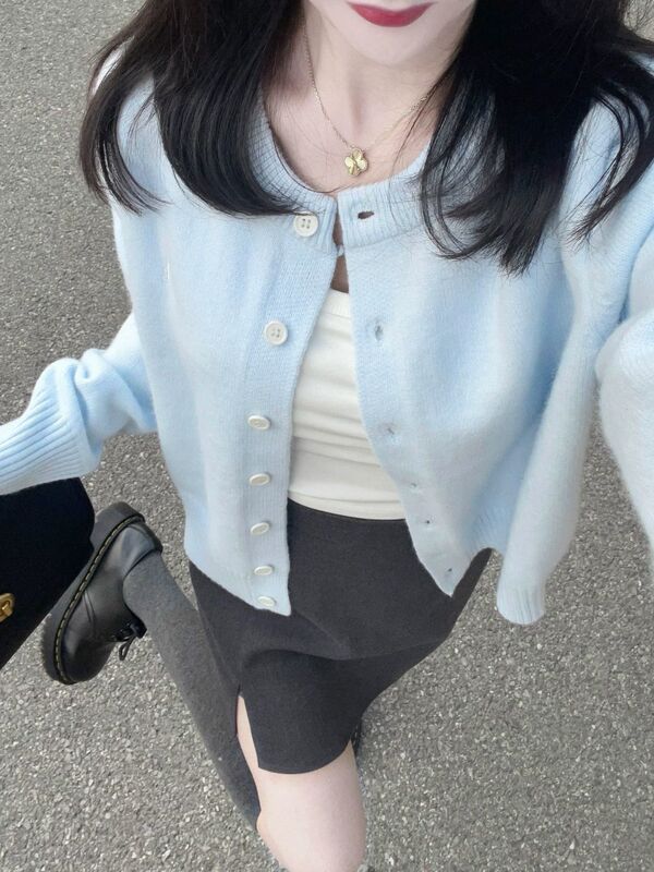 Korean Style Soft Korean Style Waxy Light Blue Knitwear Autum Knitwear Jacket New Short Outer Cardigan Top for Women