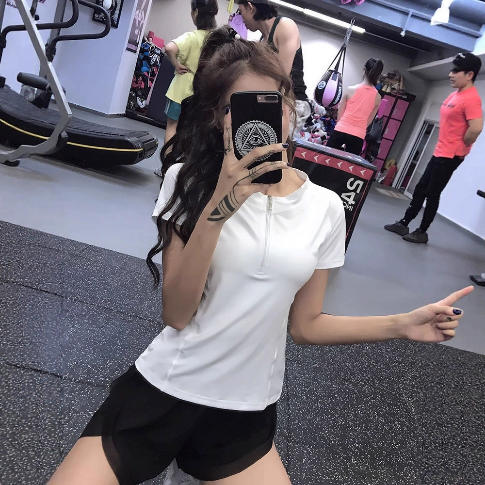 Половина молнии облегание упражнения с короткими рукавами сексуальная футболка для бега облегающей рубашки одежда для йоги тонкая