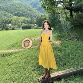 新品 新疆原川藏旅游穿搭多巴胺黄色吊带连衣裙女夏收腰显瘦连衣