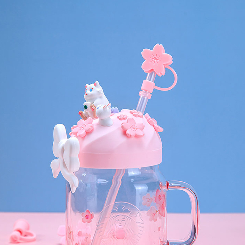 Flor de cerezo cubierta de paja lindo tapón de polvo de paja 1cm tapa de paja para niños anti-caída gris tapa de silicona a prueba de insectos