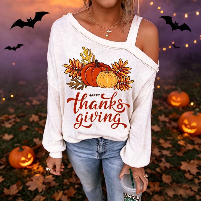 European and American cross-border Temu in-stock new pumpkin print T-shirt, party print Halloween long-sleeve off-shoulder sweatshirt